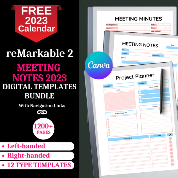 Remarkable 2 Meeting Notes Template, Meeting Notebook, Remarkable